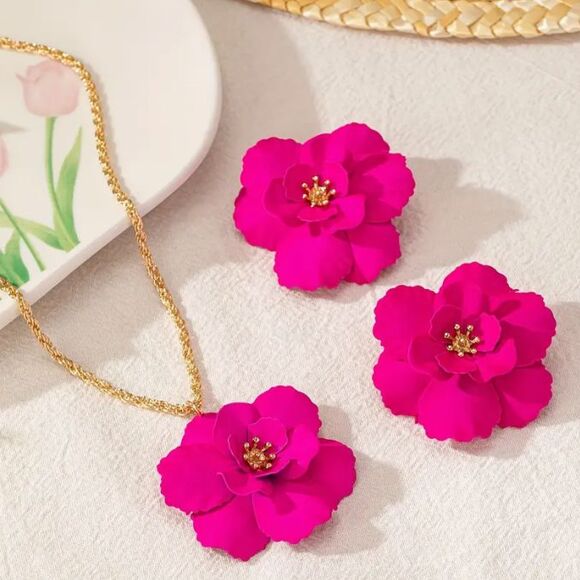 3 pc Bright Pink Flower Earrings NECKLACE Jewelry Set - Picture 7 of 7